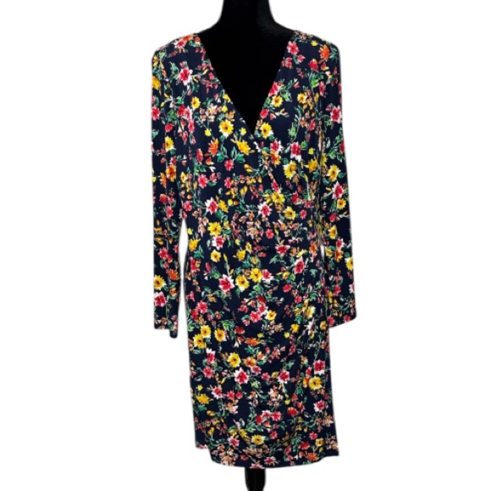 Chaps - Navy & Floral Long Sleeve Faux Wrap Stretchy Dress - Size 14
